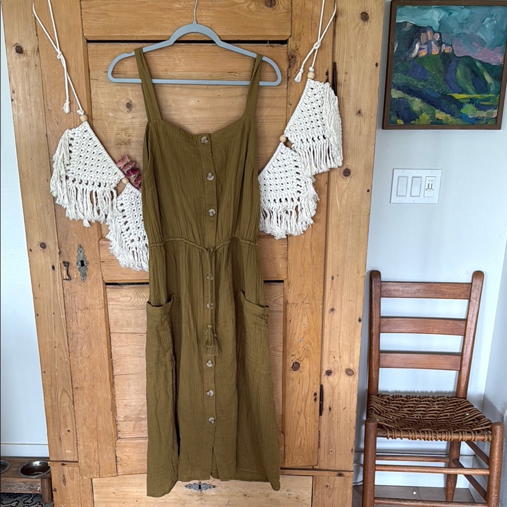 Rip Curl Khaki Button-Front Midi Dress large